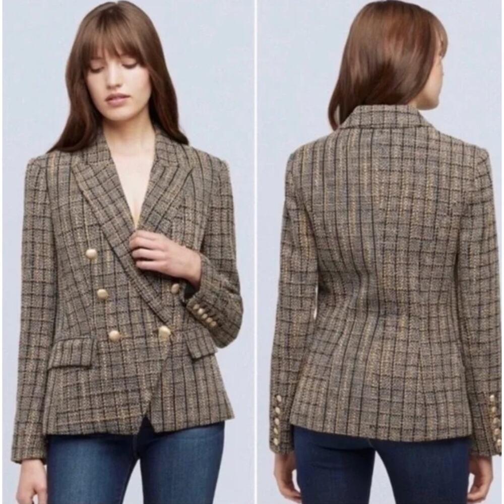 L'Agence Kenzie Blazer Double Breasted Tweed Jacket Coat Gold Buttons Black US 6 - Picture 2 of 16